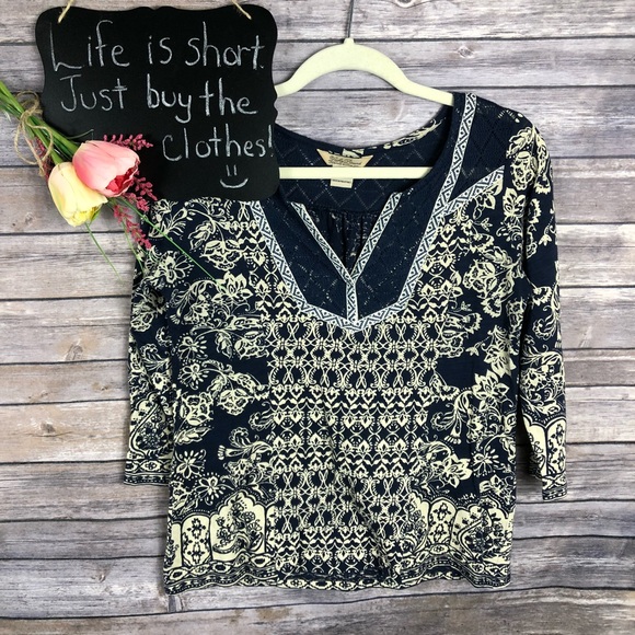 Lucky Brand Tops - Lucky Brand navy cream floral crochet 3/4 sleeve